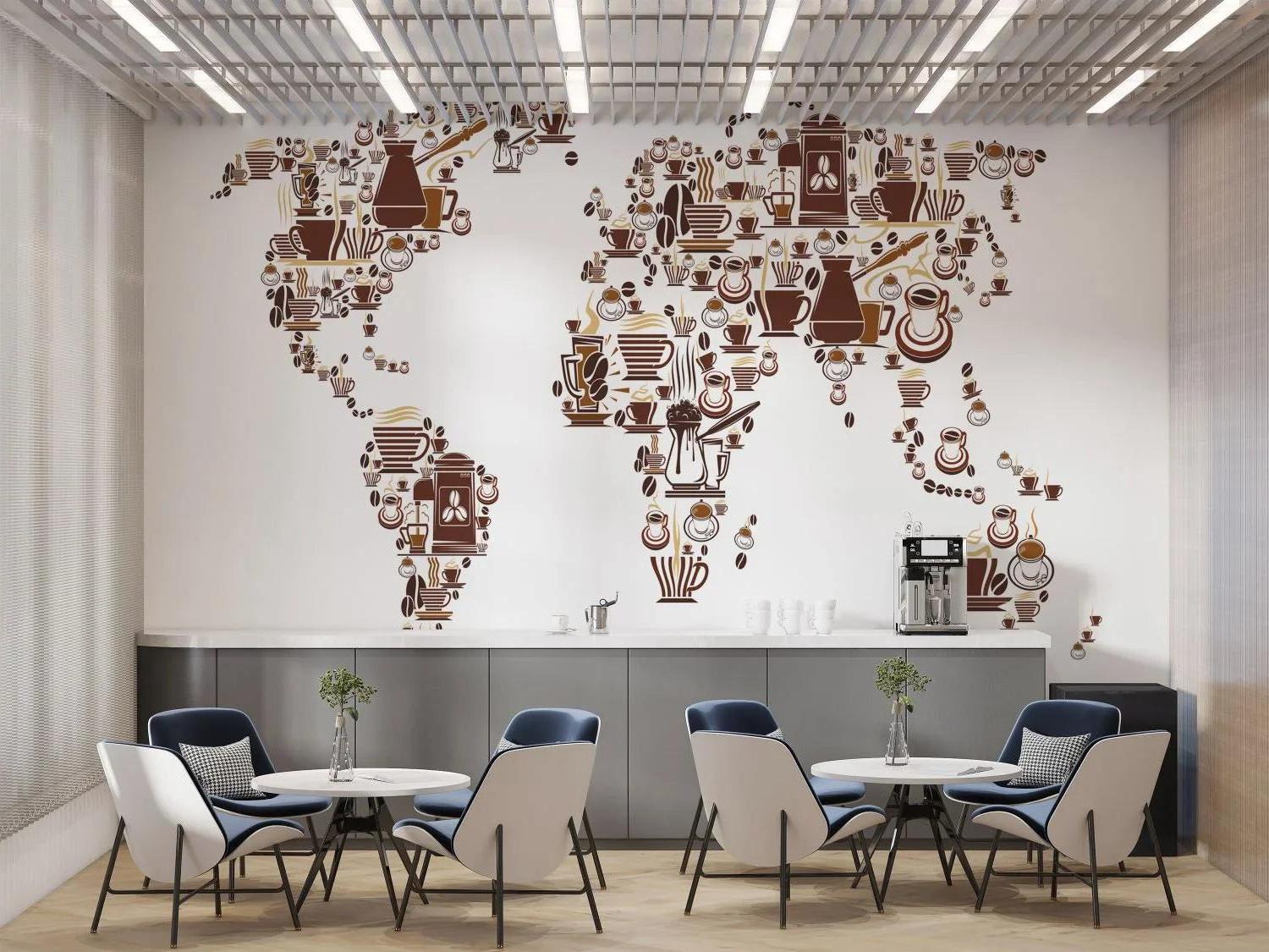 World map coffee wall mural creating a warm atmosphere in a modern dining room with brown and gold accents