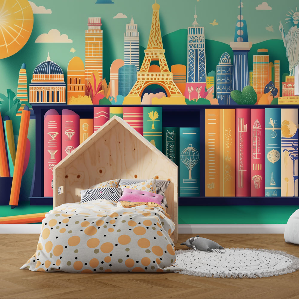 World Map Mural Wallpaper creating an engaging study corner in a modern home office with natural lighting