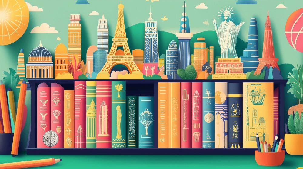 World Map design file showing detailed cityscape and educational elements against mint green background