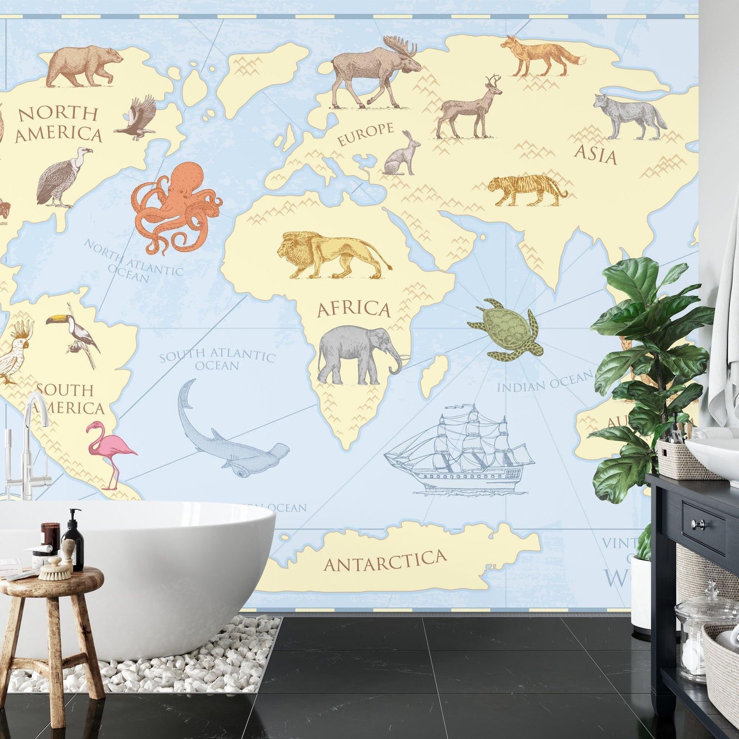 World Map Animal Wallpaper creating an engaging study corner in home office space