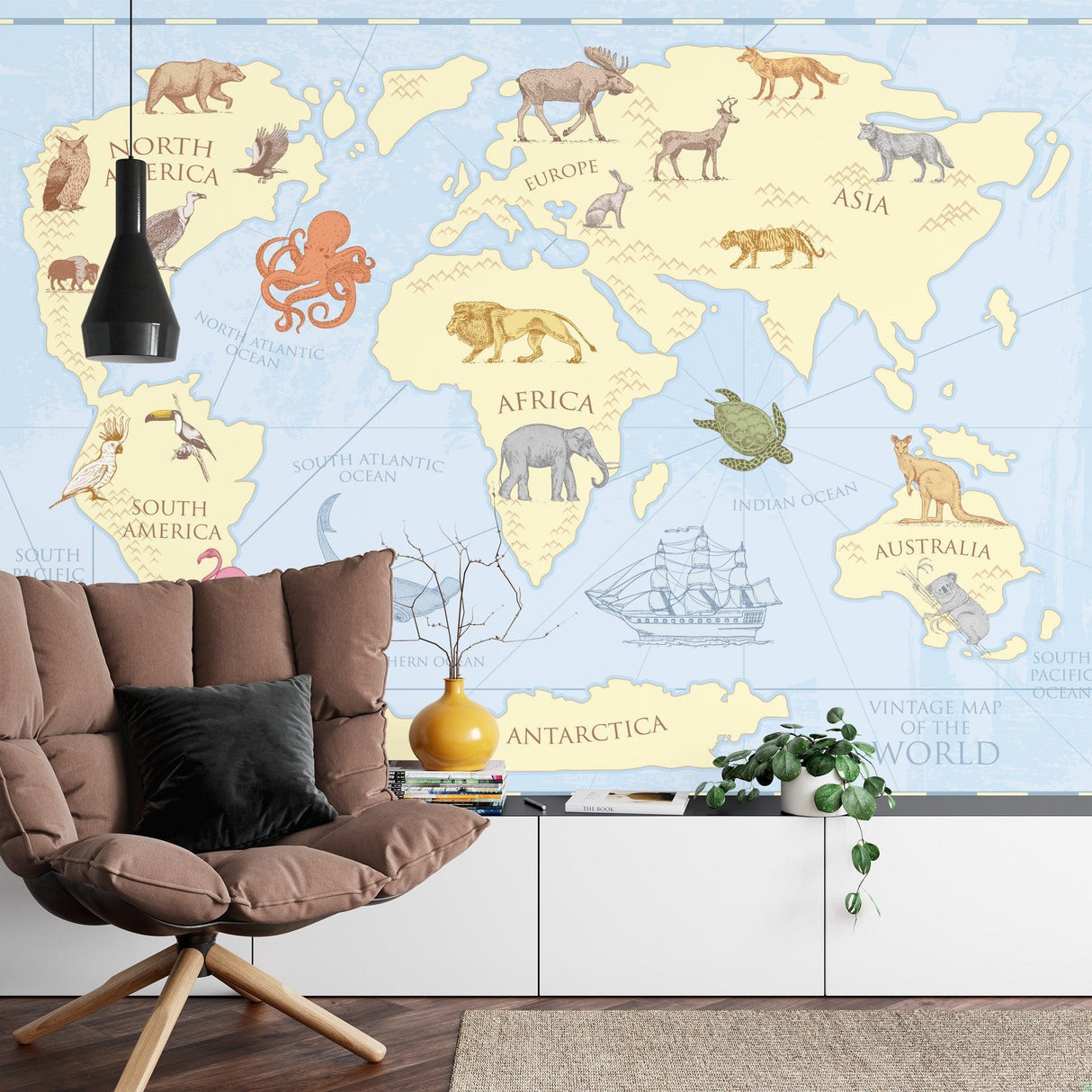 Educational Map Wallpaper with animals displayed in modern playroom setting