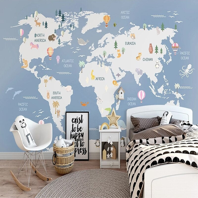 World Map Wallpaper in bright kids bedroom showing colorful continents and playful animals