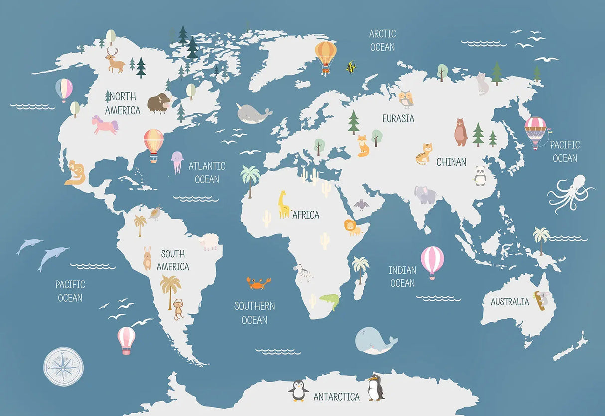 World Map Wallpaper design file showing detailed continents, animals and hot air balloons