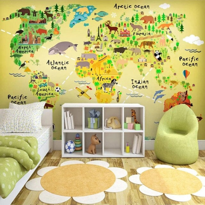 Children's study space with world map wallpaper showing hot air balloons