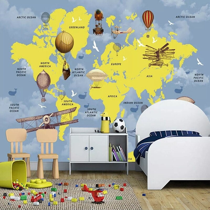Library reading corner with world map wall design