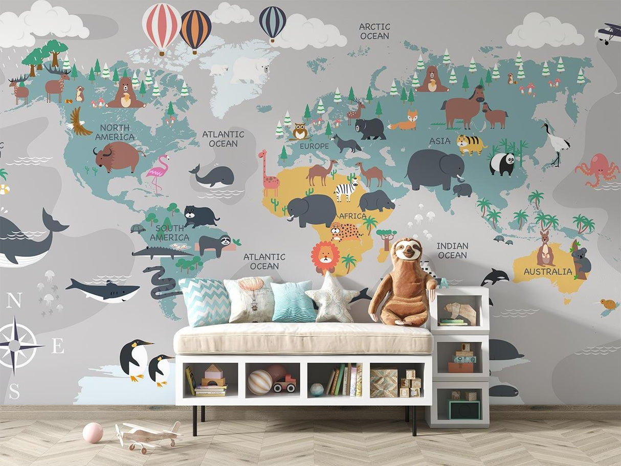 Kids world map wallpaper installed in a homeschool room with study desk