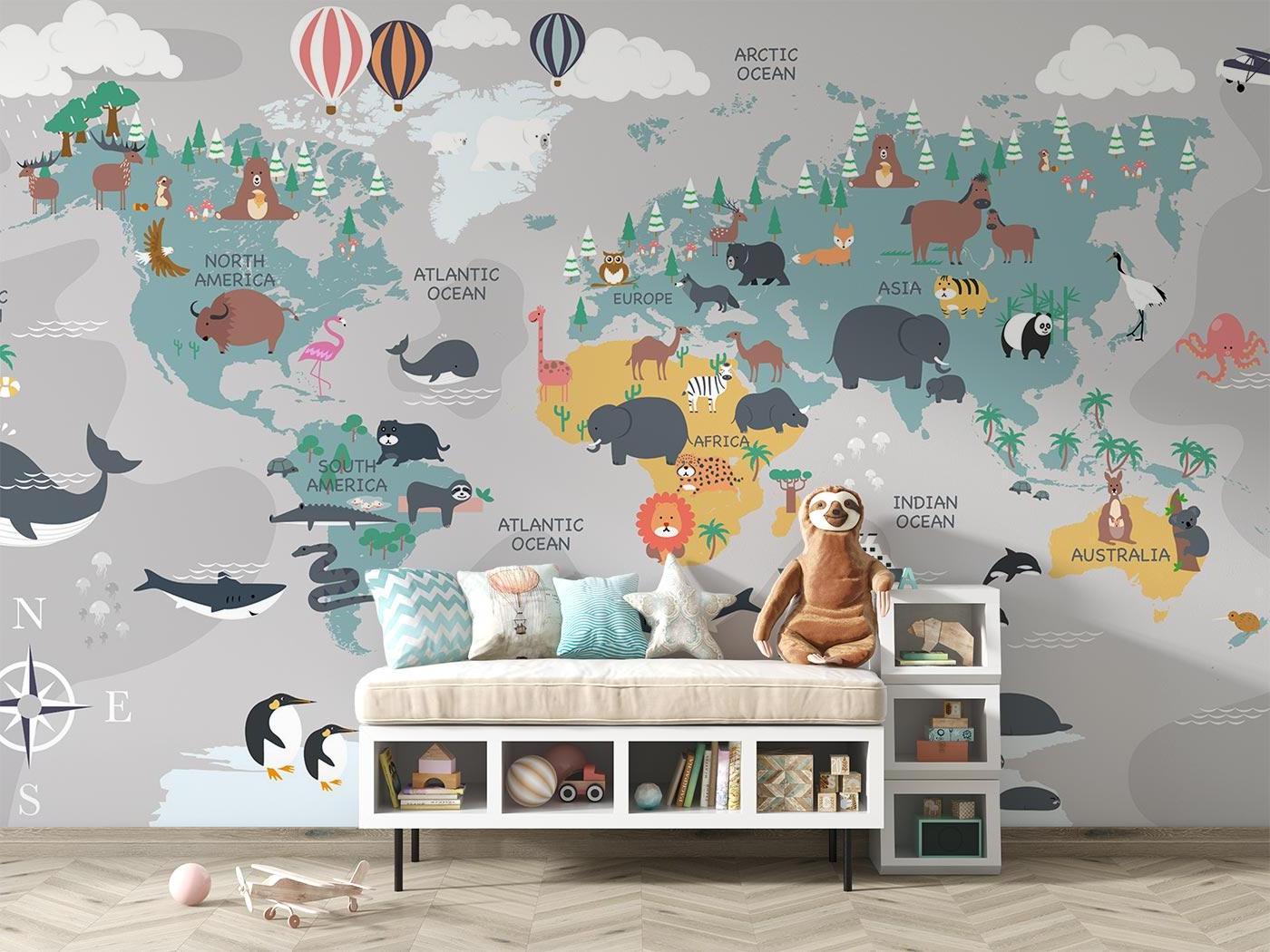 Kids world map wallpaper installed in a homeschool room with study desk