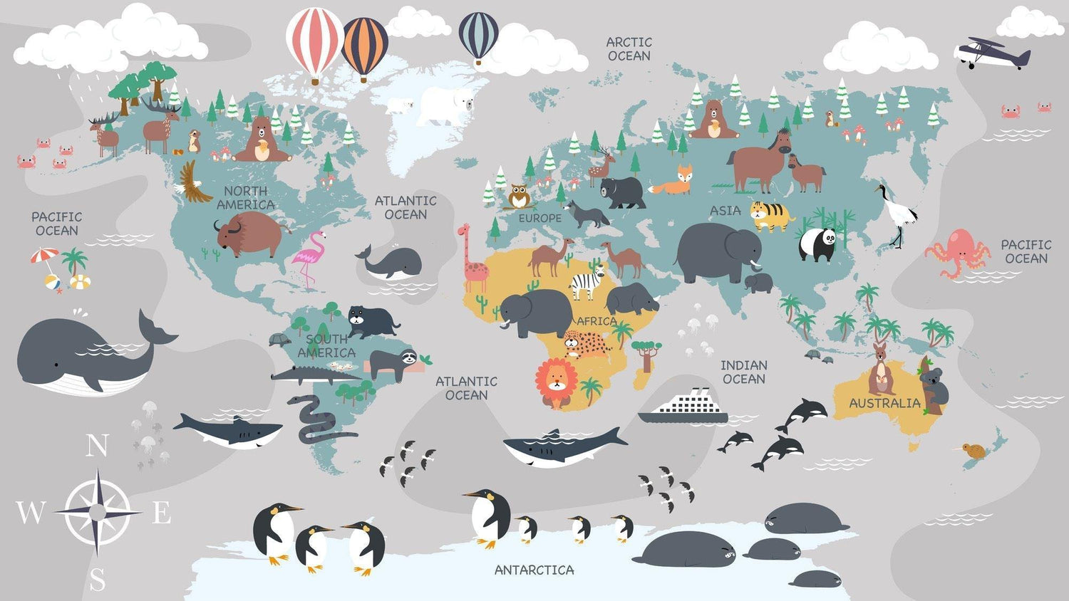 World map wallpaper design file showing detailed animals and educational elements on soft background