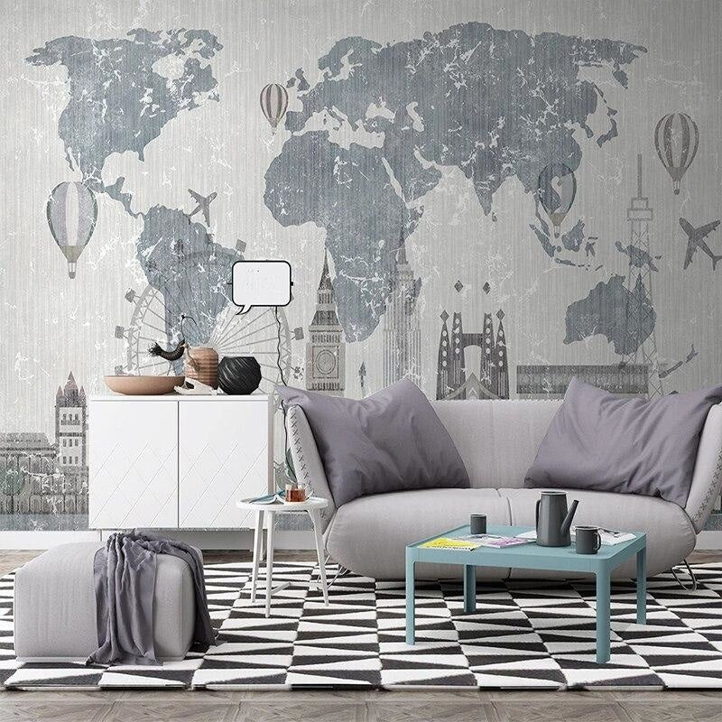 Grey World Map design displayed in modern dining room with minimal decor