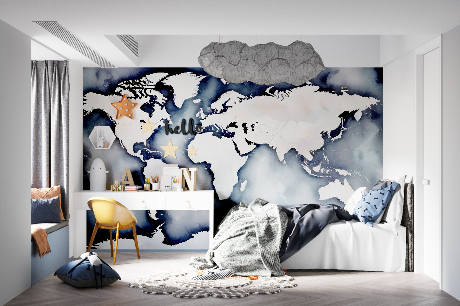 Living room decorated with sophisticated world map wallpaper in navy and white tones