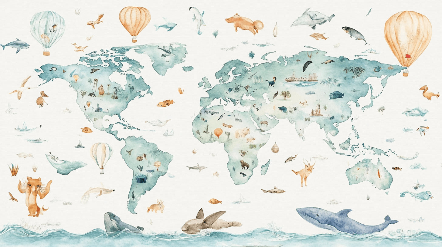Design file of world map wallpaper pattern showing detailed watercolor animals and continents