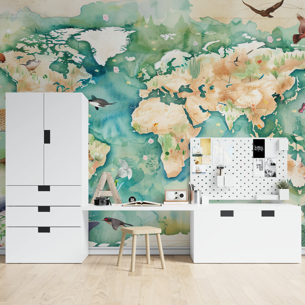 World map wallpaper creating an engaging study corner in a bright modern home office