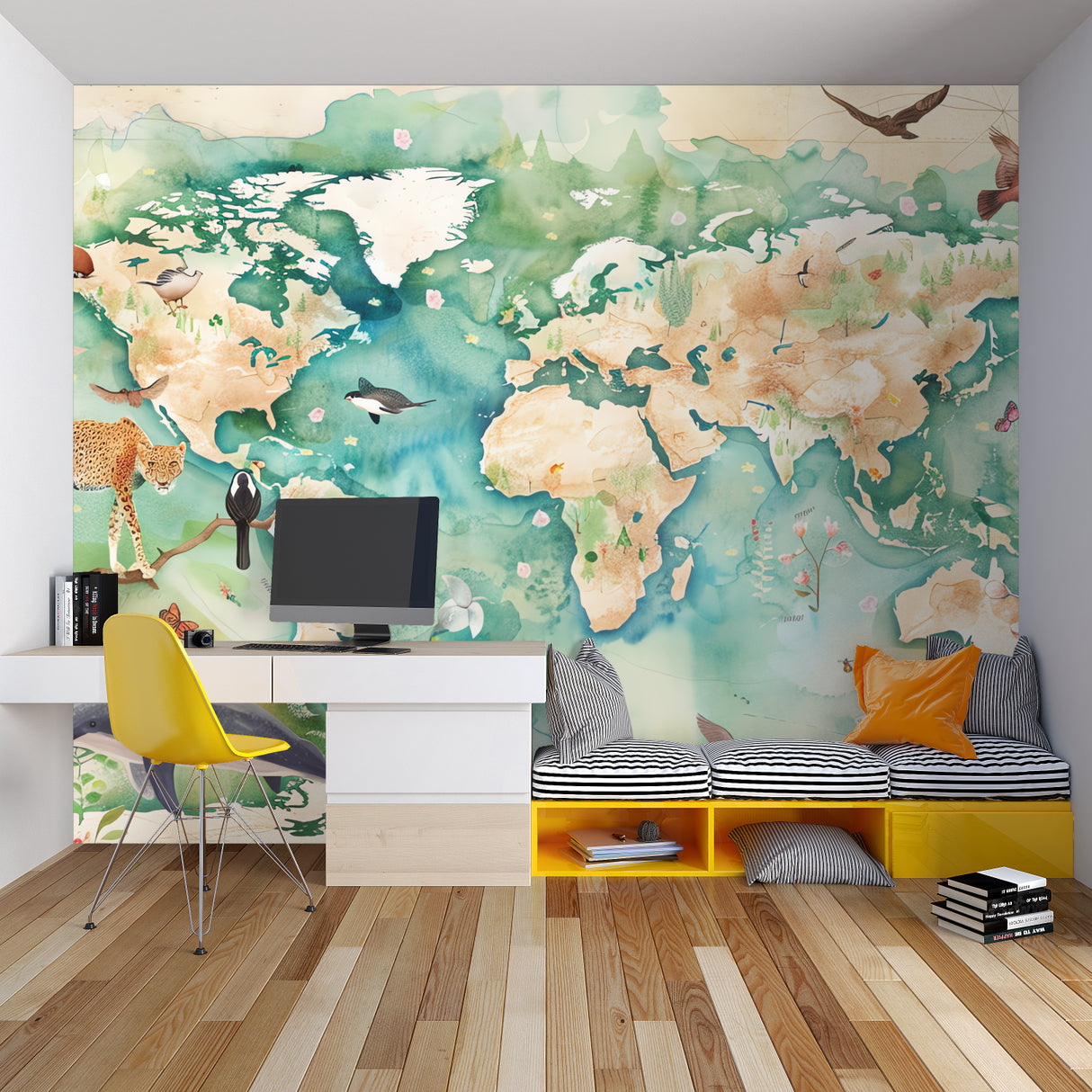 Educational map wallpaper bringing life to a cozy children's bedroom with reading nook