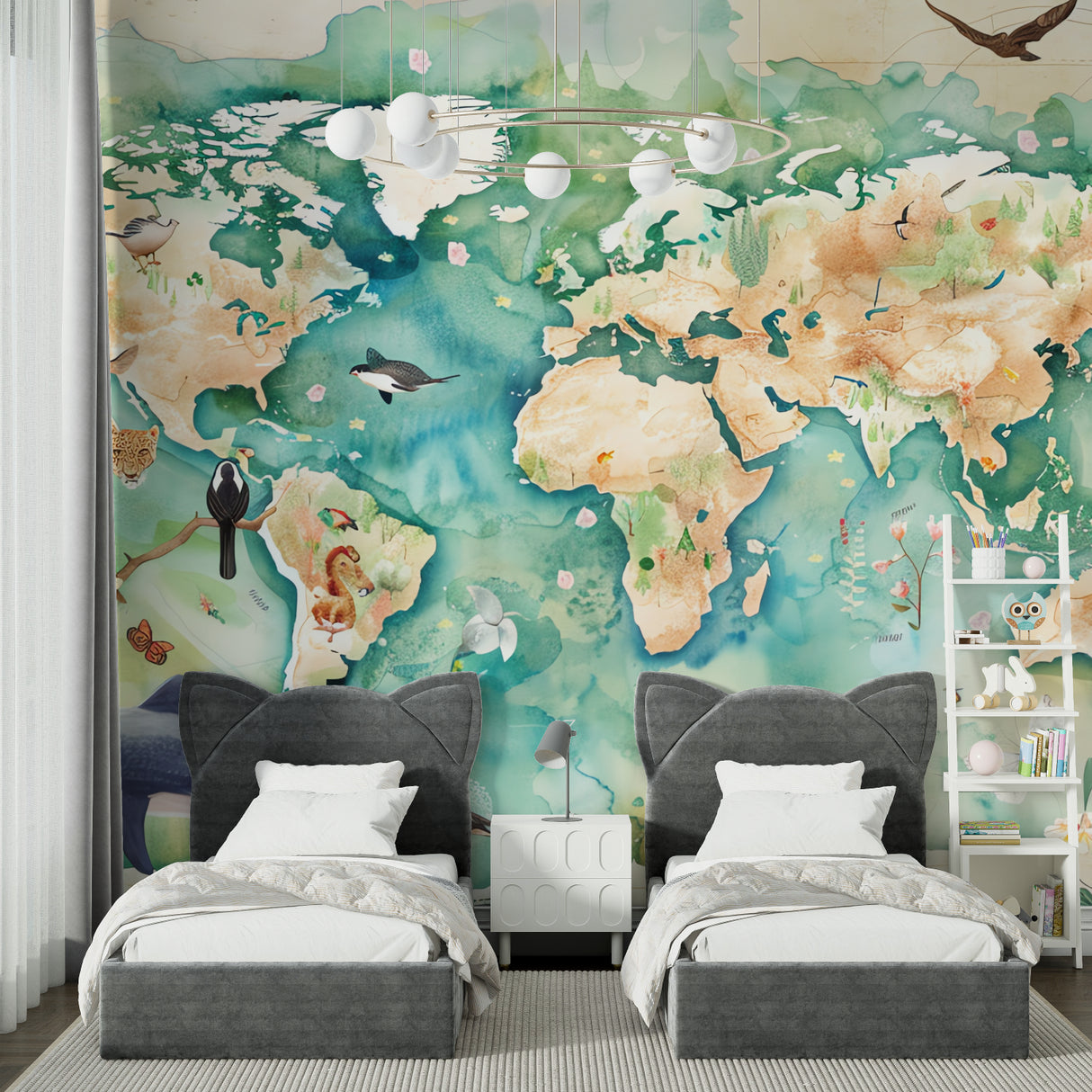 Watercolor world map mural in a playful homeschool room setting