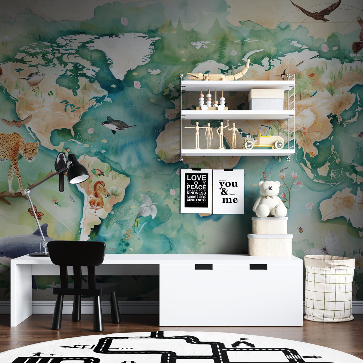 Wildlife map wallpaper transforming a modern nursery with soft colors