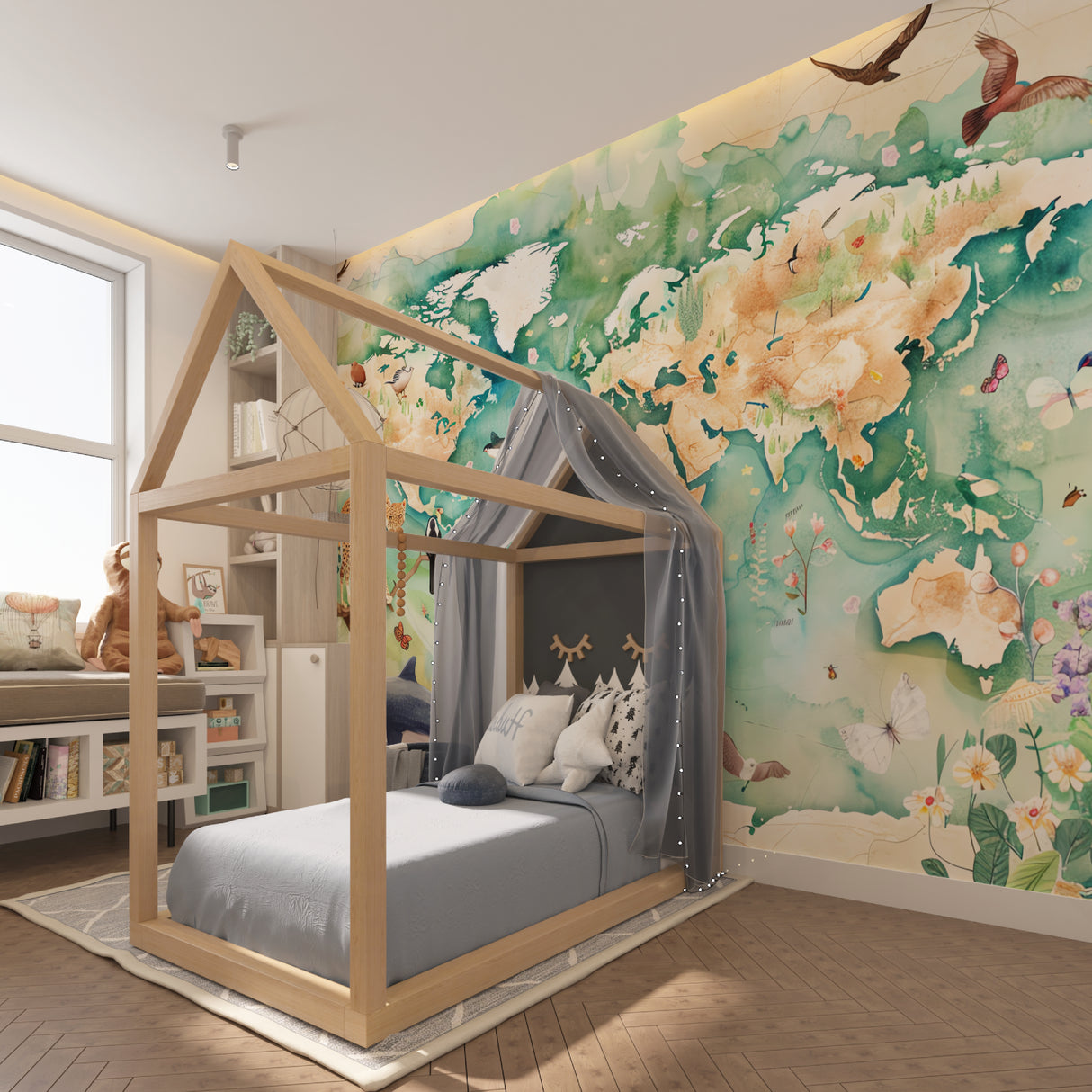 World map with animals displayed in a bright kindergarten classroom