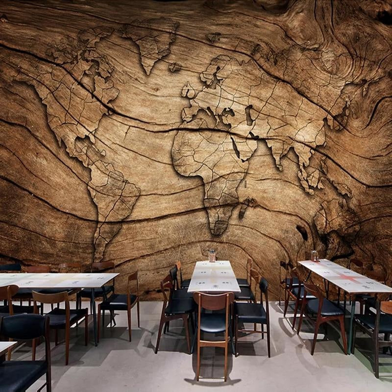 World Map Wall Mural in conference room with warm lighting