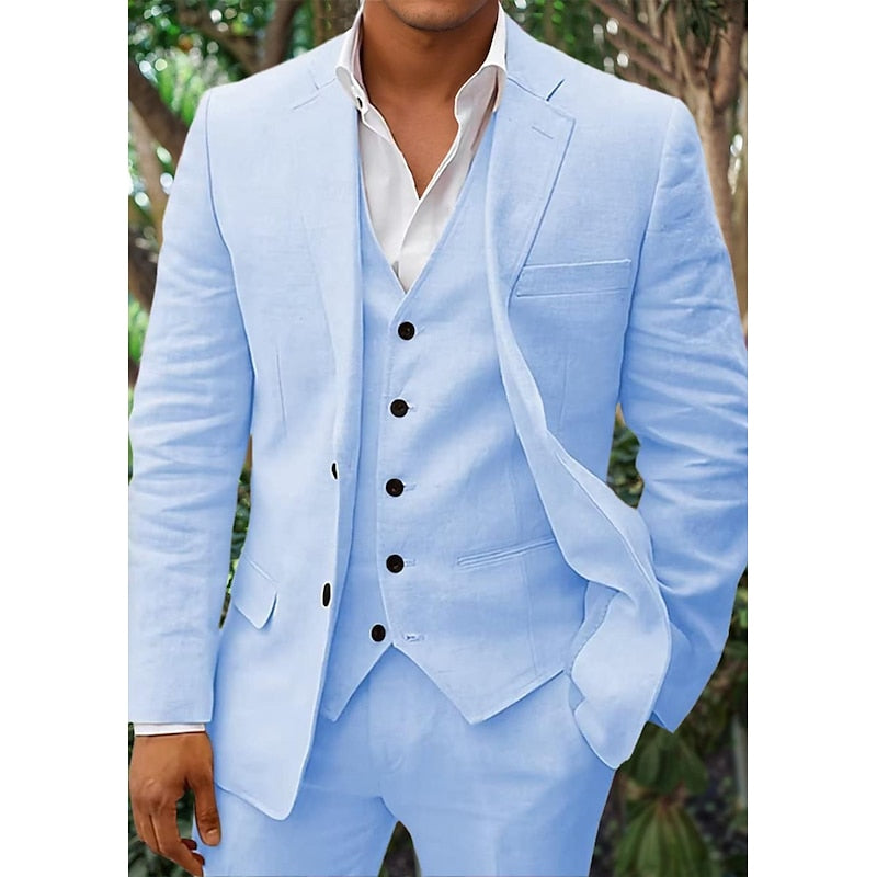 Linen Three Piece Suit Light Blue Summer Formal Wear - Product detail 7