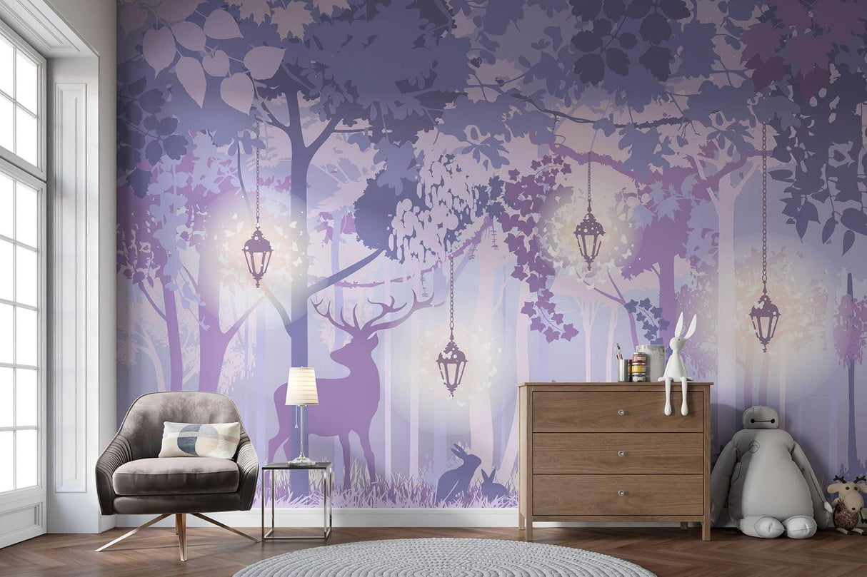 Papier Peint Mural Forêt | Bois Enchanté Violet Avec Lanternes