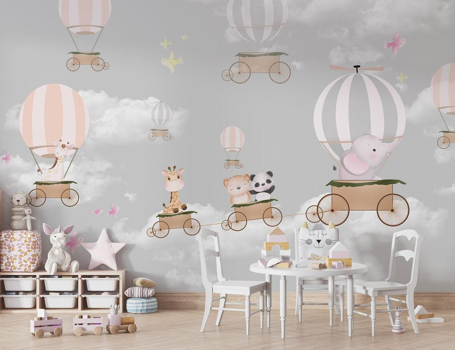 Papier Peint Mural Montgolfière | Aventure Animale en Rose et Gris