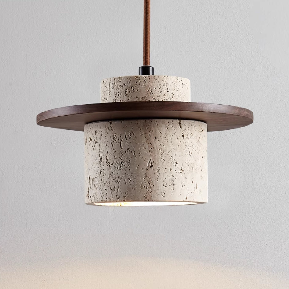 Modern Travertine Pendant Light  Natural Wood Accent Shade - Product detail 5