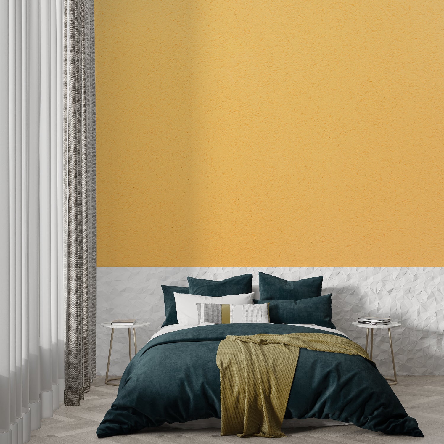 Bright yellow wall mural creating a sunny atmosphere in a contemporary dining space