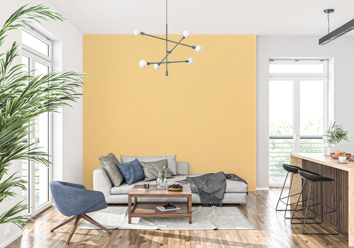 Yellow wall mural bringing energy to a modern bedroom interior