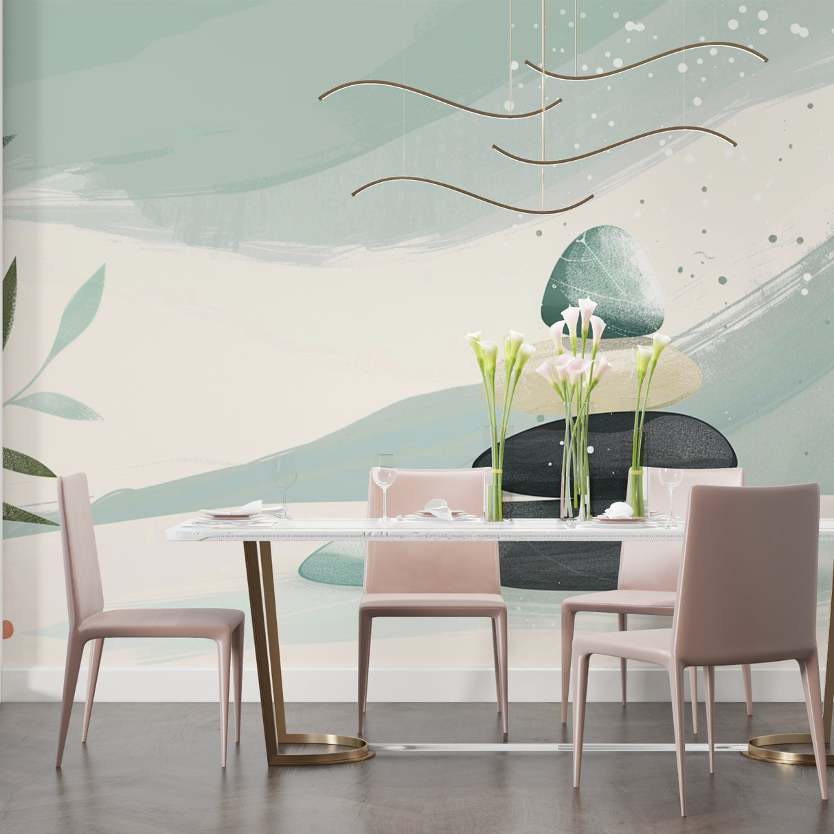 Zen abstract wallpaper with stones and foliage creating calm in a modern living room