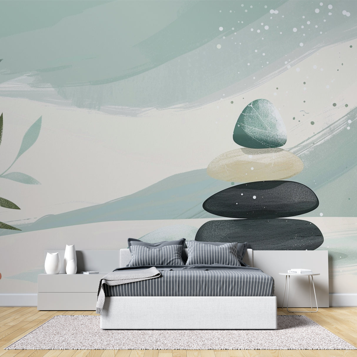 Modern zen wall mural creating flow in a minimalist home office
