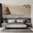 Zen garden wallpaper creating calm in a modern living room with minimalist furniture