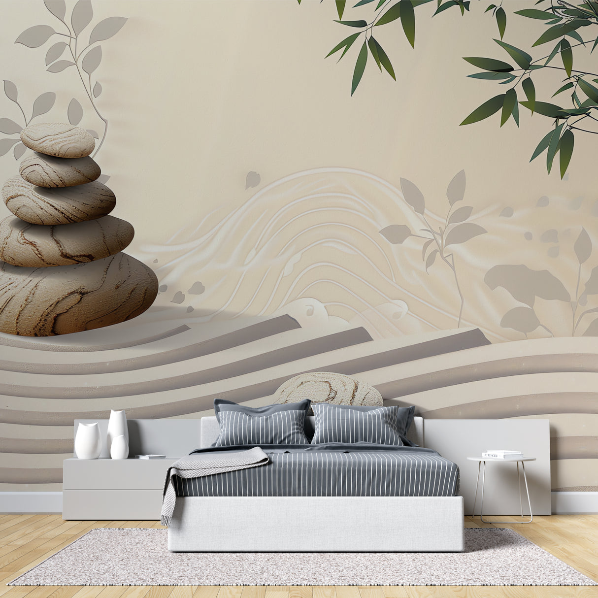 Bamboo and stone mural in a meditation room with yoga mat and cushions