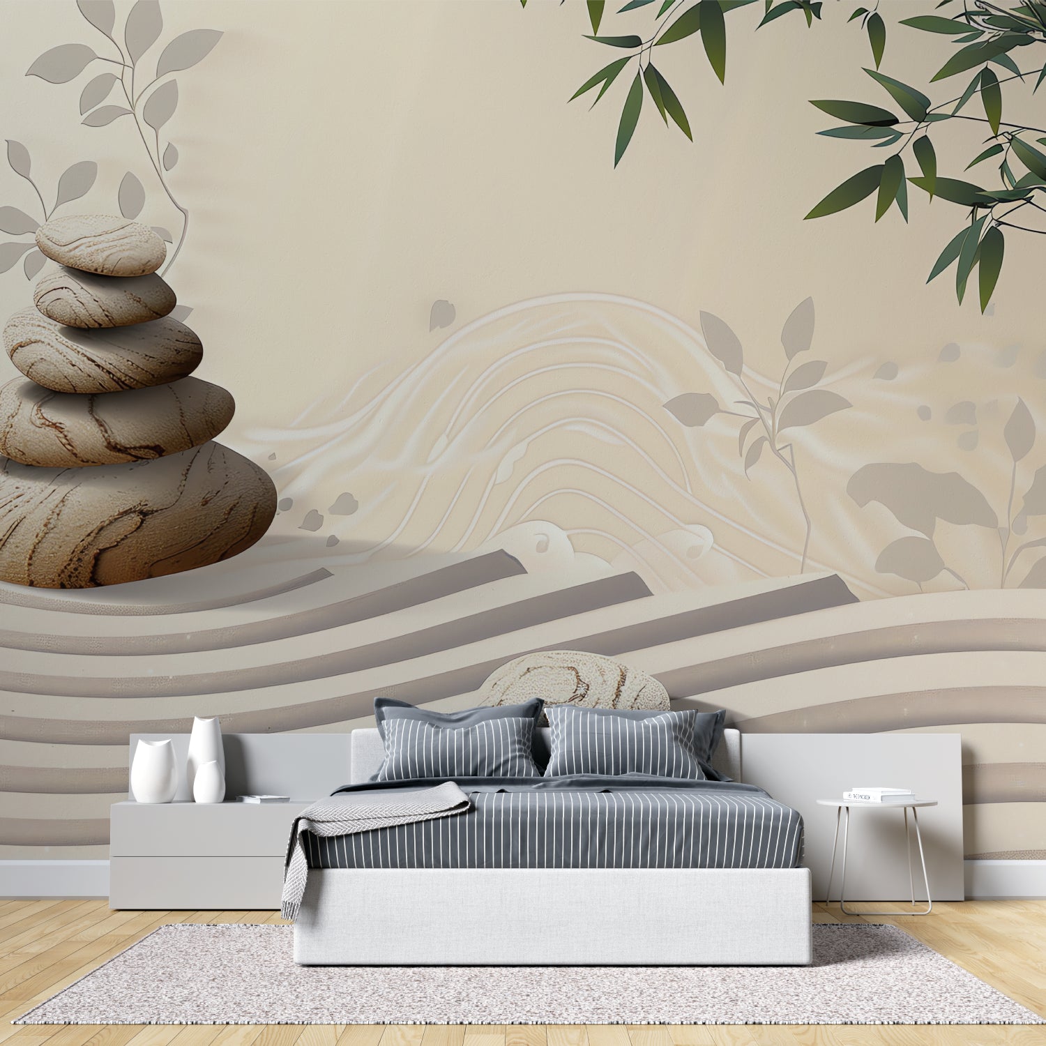 Bamboo and stone mural in a meditation room with yoga mat and cushions