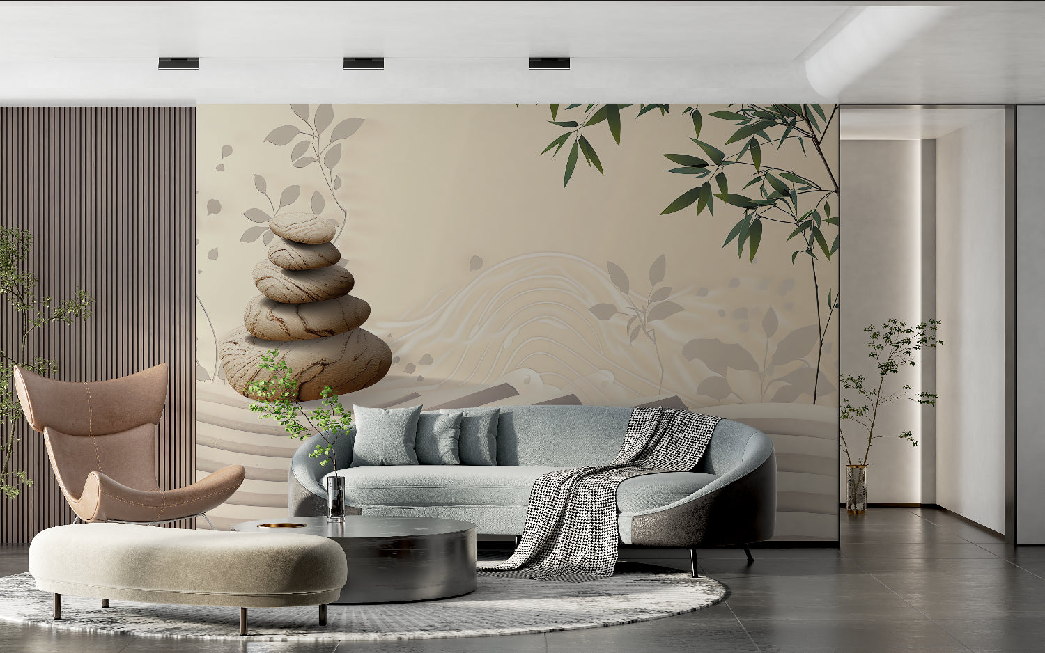 Stone garden wallpaper creating serenity in a home office space