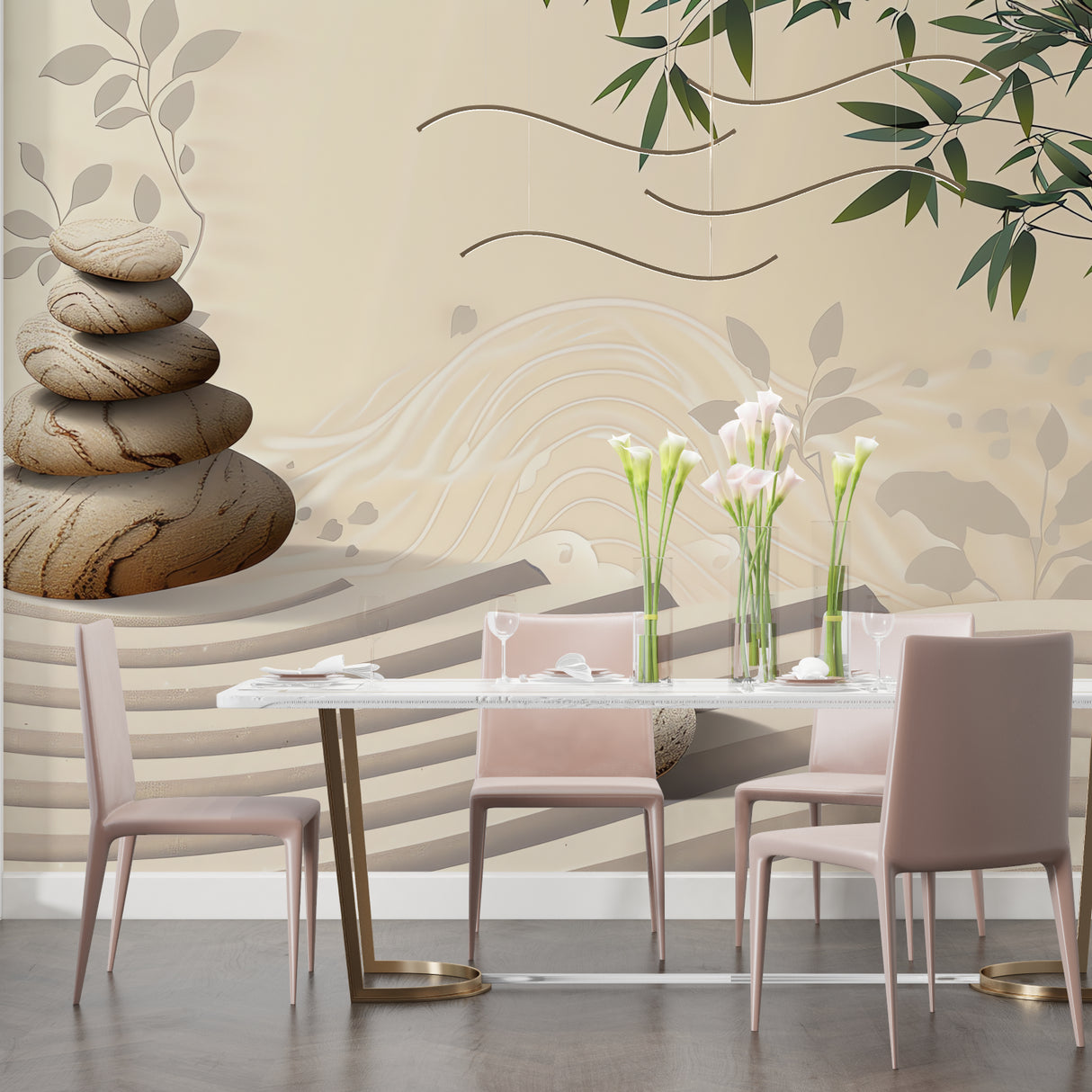 Zen bamboo mural adding calm to a spa-inspired bathroom