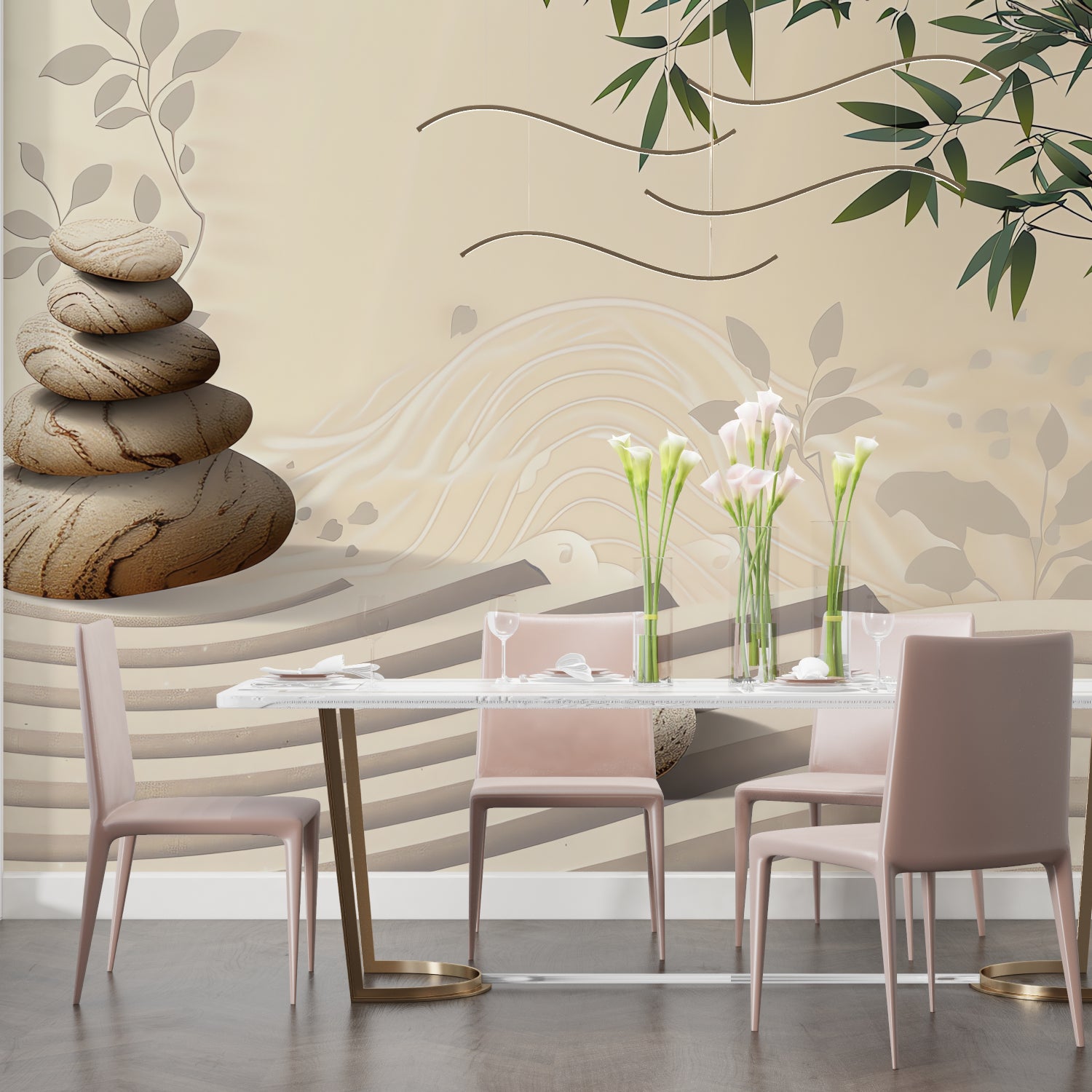 Zen bamboo mural adding calm to a spa-inspired bathroom