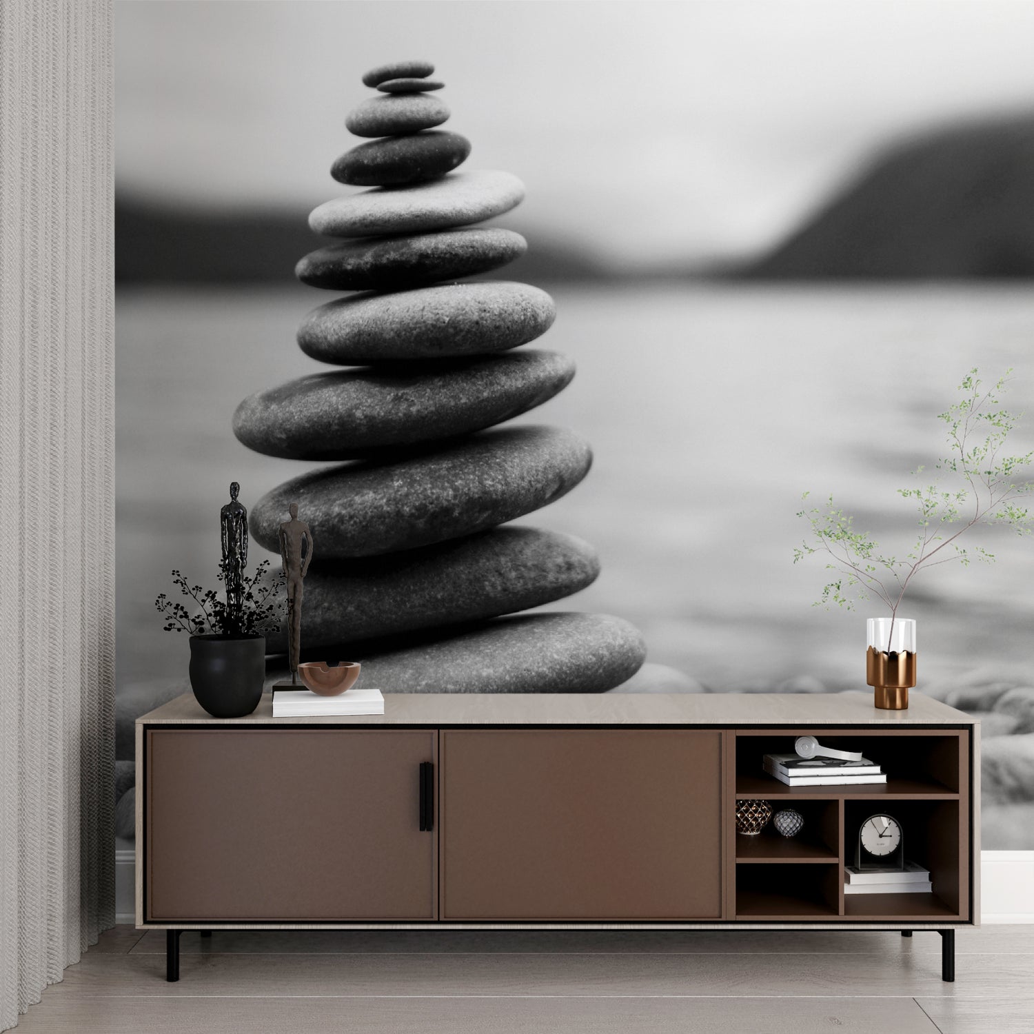 Zen stone wallpaper creating calm in a modern living room with grey sofa