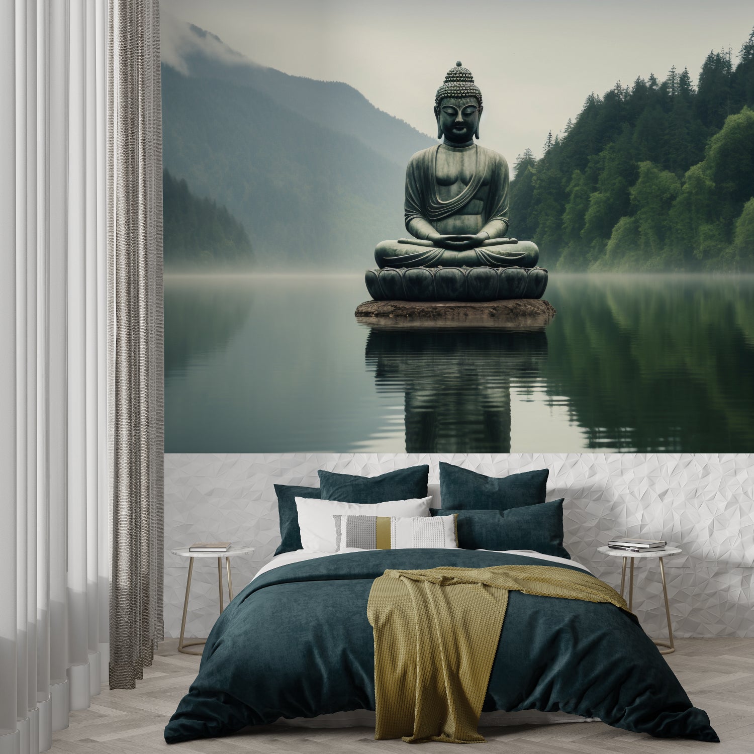 Meditation room with Buddha lake wallpaper showing morning light effects