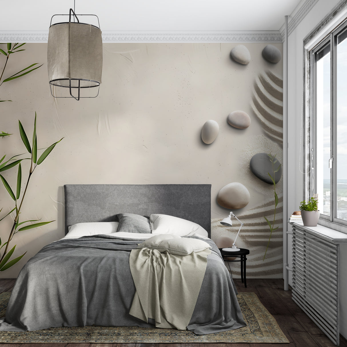 Zen wallpaper mural creating calm in a modern living room with minimalist furniture