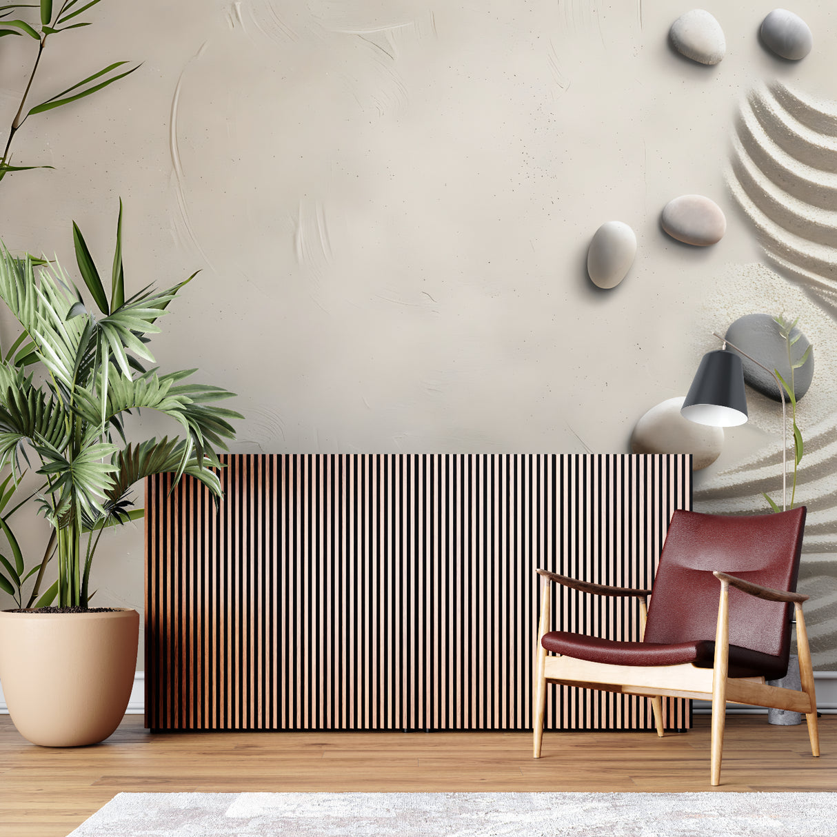 Stone and bamboo wall mural bringing peace to a bedroom sanctuary