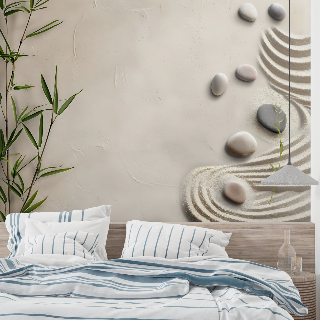 Oriental-inspired wall mural creating flow in a home office space