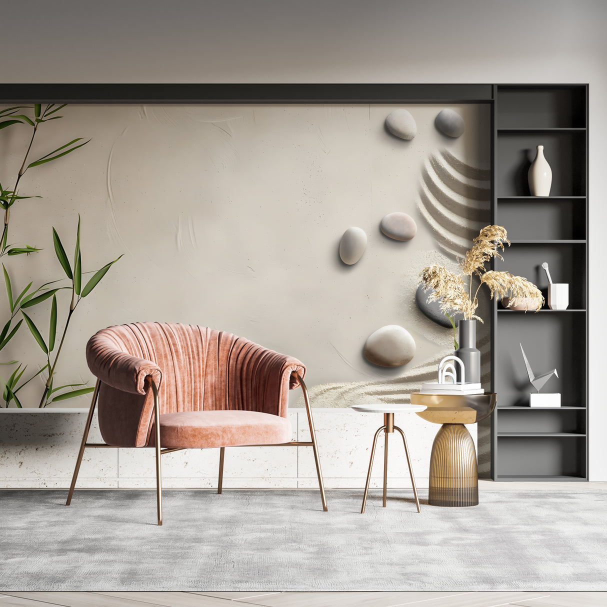 Zen stone wallpaper adding serenity to a yoga studio setting