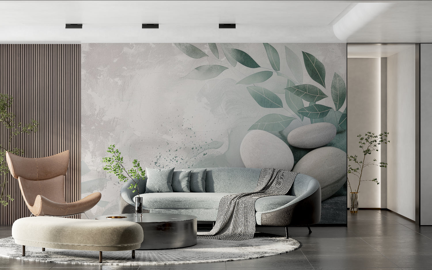Zen stone and leaf wallpaper in modern living room creating peaceful atmosphere