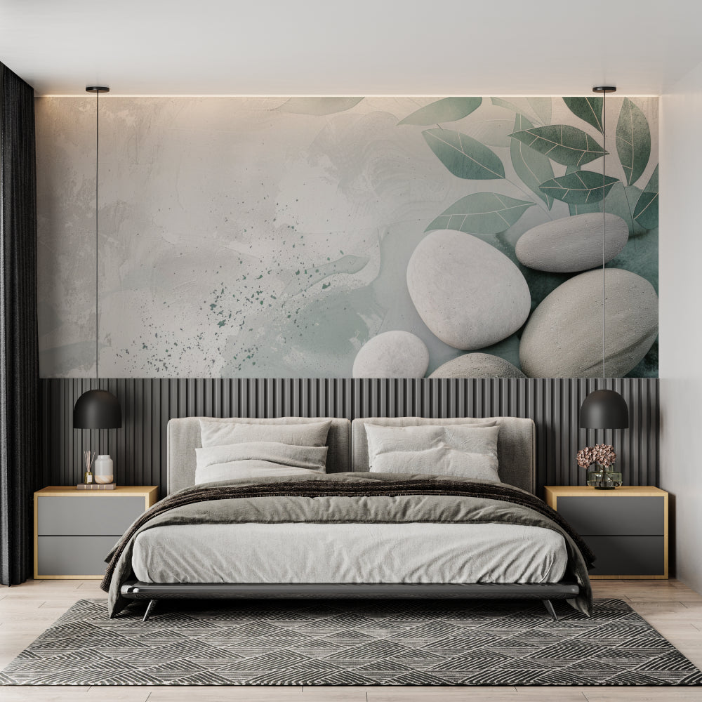Natural stone leaf wall mural in minimalist bedroom setting