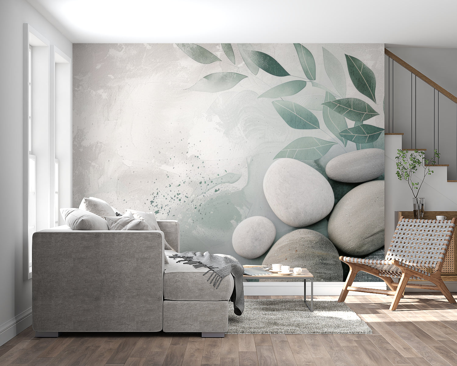 Zen wallpaper with stones and leaves in meditation room