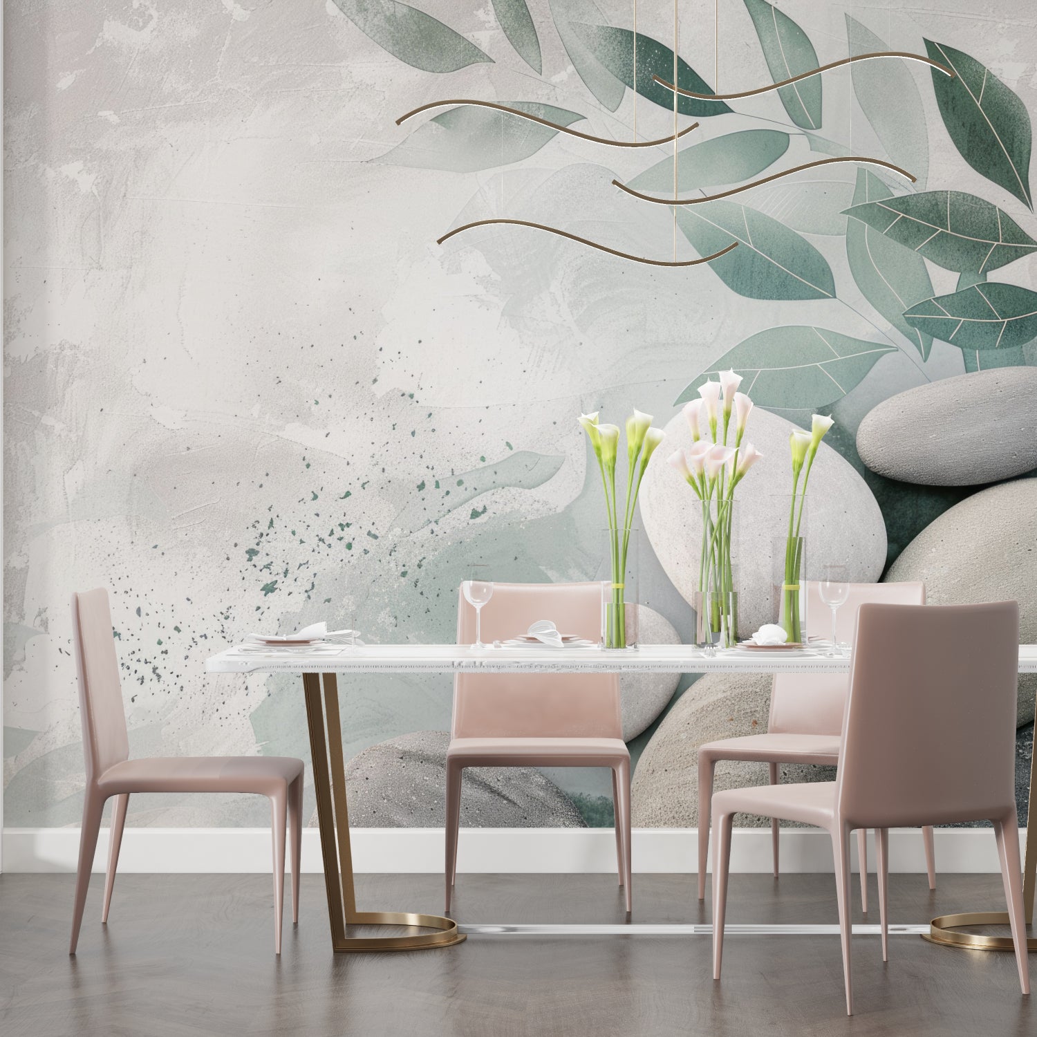 Stone and leaf pattern mural in spa-like bathroom