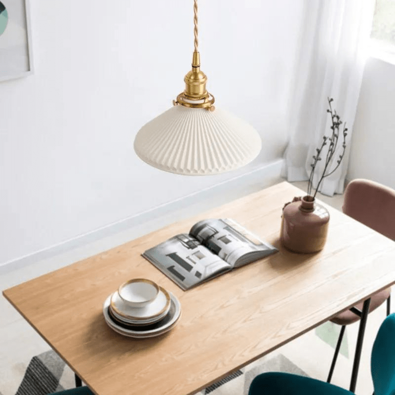 Ceramic Pendant Light Ribbed White Shade with Brass Fixtures - Detailed view