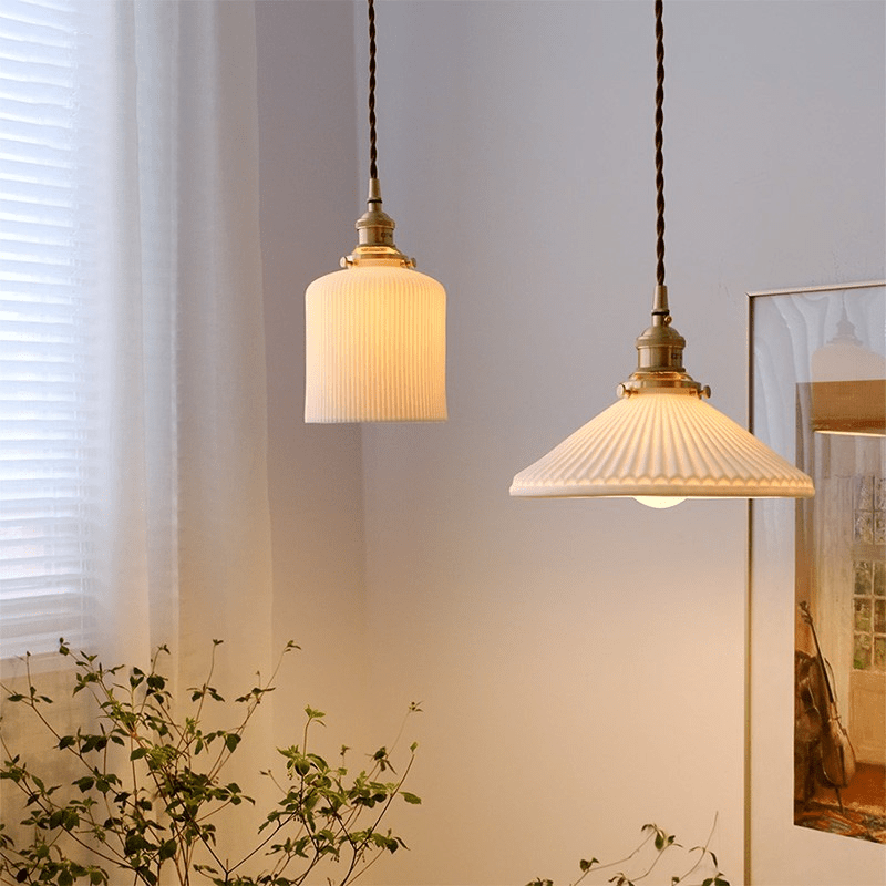 Ceramic Pendant Light Ribbed White Shade with Brass Fixtures - Product example