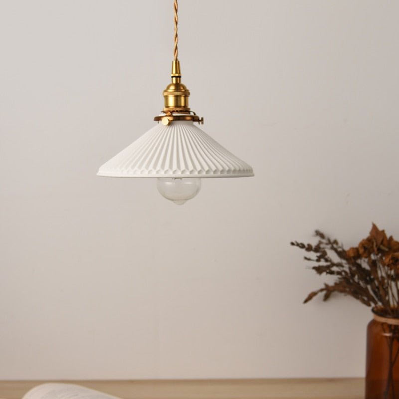 Ceramic Pendant Light Ribbed White Shade with Brass Fixtures - Product detail 8
