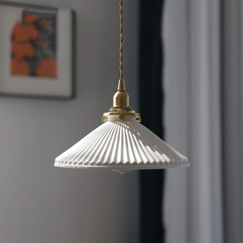 Ceramic Pendant Light Ribbed White Shade with Brass Fixtures - Product detail 4