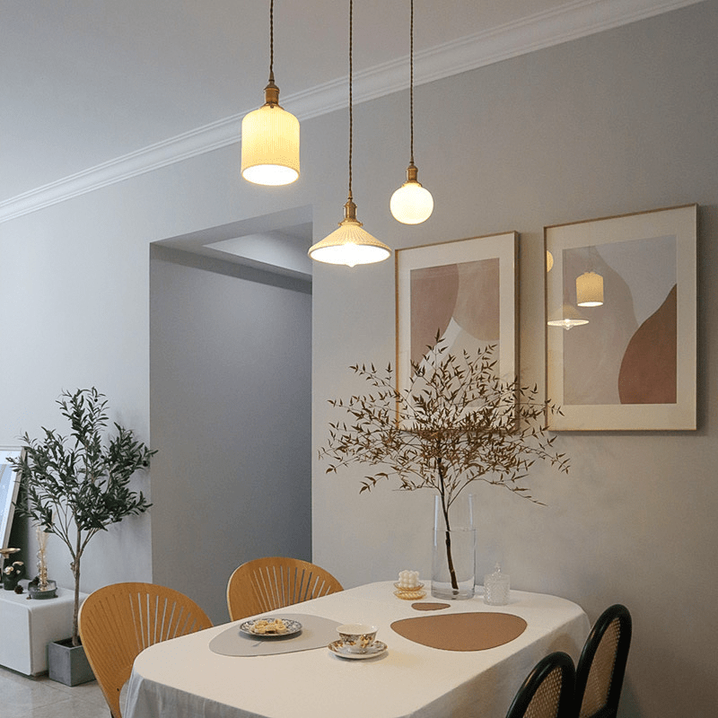 Ceramic Pendant Light Ribbed White Shade with Brass Fixtures - Product detail 6
